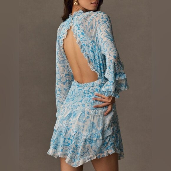 Anthropologie Long-Sleeve Backless Sheer Ruffle Mini Dress Size L - Picture 2 of 8